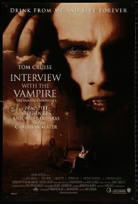 8k710 INTERVIEW WITH THE VAMPIRE advance DS 1sh 1994 close up of fanged Tom Cruise, Brad Pitt!