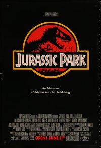 8k721 JURASSIC PARK advance 1sh 1993 Steven Spielberg, classic logo with T-Rex over red background