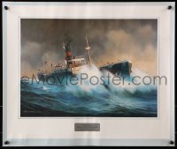 8k075 JACK WOODSON 17x20 art print 1980s Freighter in Squall, great ocean ship maritime art!