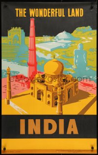 8k098 INDIA 25x39 Indian travel poster 1957 The Wonderful Land, different art of the Taj Mahal!