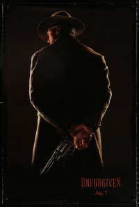 8k968 UNFORGIVEN teaser 1sh 1992 image of gunslinger Clint Eastwood w/back turned, dated design!