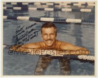 8p781 BUSTER CRABBE signed color 8x10 REPRO still 1980s close up in swimming pool later in his life!