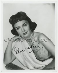8p866 DONNA REED signed 8x10 REPRO still 1980s c/u wearing elegant gown with fur & jewelry!