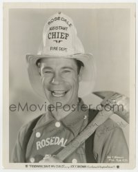 8p520 JOE E. BROWN signed 8x10.25 still 1932 uniformed smiling portrait from Fireman Save My Child!