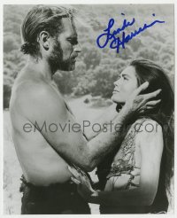 8p929 LINDA HARRISON signed 8x10 REPRO still 1980s c/u with Charlton Heston in Planet of the Apes!