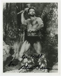 8p989 STEVE REEVES signed 8x10 REPRO still 1980s in costume as Hercules wielding a big axe!
