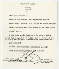 8p123 SAMMY CAHN signed letter 1981 telling he is President of the Songwriters' Hall of Fame!