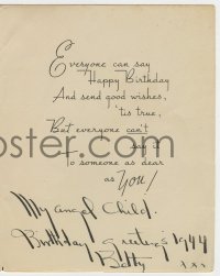 8p350 BETTY BLYTHE signed 5x6 birthday card 1944 sending love to her angel child!