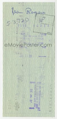 8p314 JEAN ROGERS signed 3x6 canceled check 1980 she was paid $13.50!