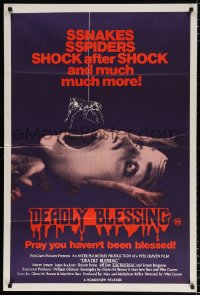 8r578 DEADLY BLESSING Aust 1sh 1982 Wes Craven, creepy image of spider dangling over woman's mouth!