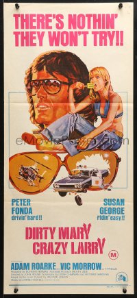 8r781 DIRTY MARY CRAZY LARRY Aust daybill 1974 art of Peter Fonda & sexy Susan George w/popsicle!