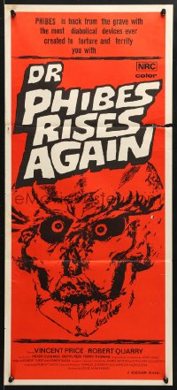 8r785 DR. PHIBES RISES AGAIN Aust daybill 1972 Vincent Price, Quarry, Cushing, skull horror art!