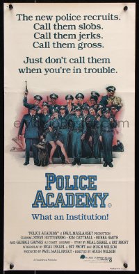 8r899 POLICE ACADEMY Aust daybill 1984 Steve Guttenberg, Kim Cattrall, Drew Struzan police artwork!