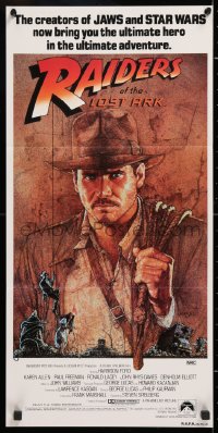 8r904 RAIDERS OF THE LOST ARK Aust daybill 1981 great Richard Amsel artwork of Harrison Ford!