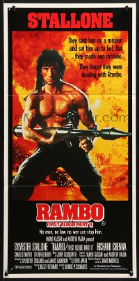 8r906 RAMBO FIRST BLOOD PART II Aust daybill 1985 no man, no law, no war can stop Stallone!