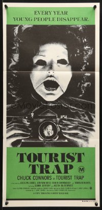 8r975 TOURIST TRAP Aust daybill 1979 Charles Band, wacky horror image of masked woman with camera!