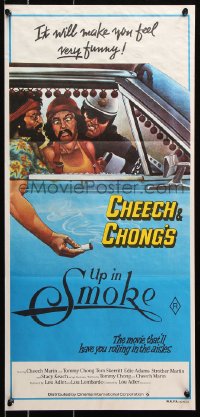 8r982 UP IN SMOKE Aust daybill 1978 Cheech & Chong marijuana drug classic, great Scakisbrick art!