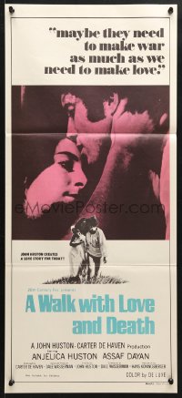 8r988 WALK WITH LOVE & DEATH Aust daybill 1969 John Huston, Anjelica Huston romantic close up!