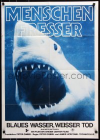 8r296 BLUE WATER, WHITE DEATH German 1971 cool super close image of great white shark with open mouth!