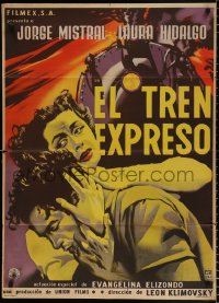 8r089 EL TREN EXPRESO Mexican poster 1955 Jorge Mistral, Laura Hidalgo, cool train artwork!
