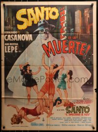 8r104 SANTO EN EL HOTEL DE LA MUERTE Mexican poster 1963 art of sexy women and caped skelton!