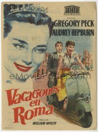 8s272 ROMAN HOLIDAY Spanish herald R1950s Jano art of Audrey Hepburn & Gregory Peck on Vespa!
