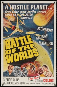 8t066 BATTLE OF THE WORLDS 1sh 1963 cool sci-fi, flying saucers from a hostile enemy planet!