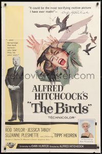 8t088 BIRDS 1sh 1963 director Alfred Hitchcock shown, Tippi Hedren, classic intense attack artwork!