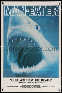 8t103 BLUE WATER, WHITE DEATH 1sh 1971 cool super close image of great white shark with open mouth!