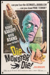 8t231 DIE, MONSTER, DIE 1sh 1965 AIP, cool artwork of Boris Karloff, the ultimate in diabolism!