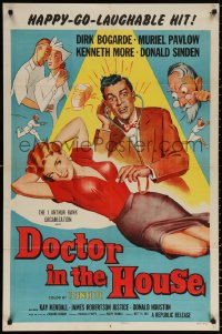 8t236 DOCTOR IN THE HOUSE 1sh 1955 great art of Dr. Dirk Bogarde examining sexy Muriel Pavlow!