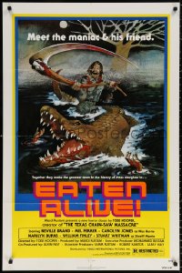 8t261 EATEN ALIVE 1sh 1977 Tobe Hooper, wild horror artwork of madman w/scythe & alligator!