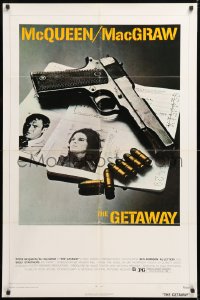 8t345 GETAWAY 1sh 1972 Steve McQueen, McGraw, Sam Peckinpah, cool gun & passports image!