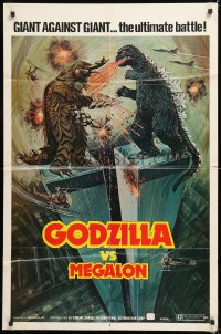 8t358 GODZILLA VS. MEGALON 1sh 1976 Gojira tai Megaro, art of monsters battling on Twin Towers!