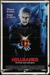 8t399 HELLRAISER 1sh 1987 Clive Barker horror, great image of Pinhead, he'll tear your soul apart!