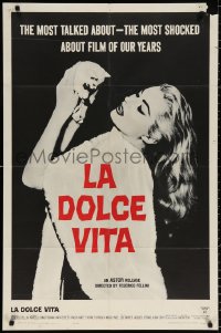 8t497 LA DOLCE VITA 1sh 1961 Federico Fellini, close up of sexy Anita Ekberg with kitten!