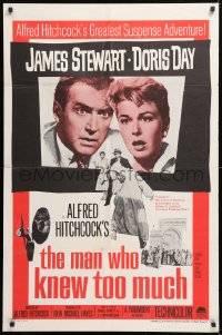 8t553 MAN WHO KNEW TOO MUCH 1sh R1960s James Stewart & Doris Day, directed by Alfred Hitchcock!