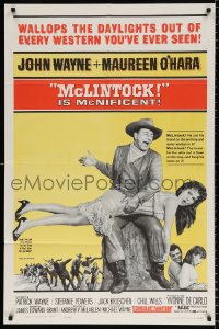 8t571 McLINTOCK 1sh 1963 best image of John Wayne giving Maureen O'Hara a spanking!
