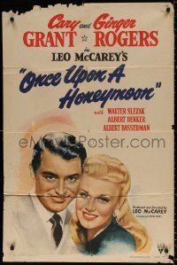 8t652 ONCE UPON A HONEYMOON 1sh 1942 wonderful smiling portrait art of Ginger Rogers & Cary Grant!