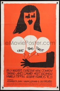 8t657 ONE, TWO, THREE 1sh 1962 Billy Wilder, wonderful Saul Bass art of girl with balloons!