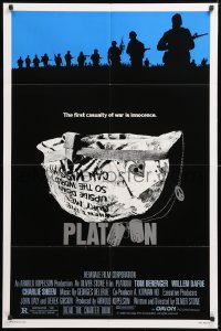 8t699 PLATOON 1sh 1986 Charlie Sheen & Quinn helping with soldier, Oliver Stone, Vietnam War!