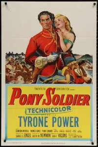 8t706 PONY SOLDIER 1sh 1952 art of Royal Canadian Mountie Tyrone Power & Penny Edwards, rare!