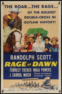 8t720 RAGE AT DAWN 1sh 1955 cool artwork of outlaw hunter Randolph Scott, Mala Powers!