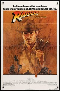 8t721 RAIDERS OF THE LOST ARK 1sh 1981 Richard Amsel art of Harrison Ford, Steven Spielberg!