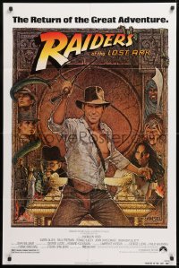 8t722 RAIDERS OF THE LOST ARK 1sh R1982 great Richard Amsel art of adventurer Harrison Ford!