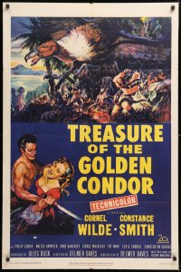 8t924 TREASURE OF THE GOLDEN CONDOR 1sh 1953 art of Cornel Wilde grabbing girl & attacked by snake!