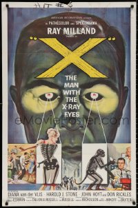8t988 X: THE MAN WITH THE X-RAY EYES 1sh 1963 Ray Milland strips souls & bodies, cool art!