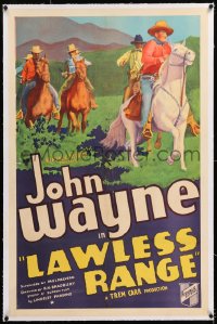 8x127 LAWLESS RANGE linen 1sh 1935 great stone litho art of young John Wayne & cowboys on horses!