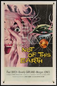8x153 NOT OF THIS EARTH linen 1sh 1957 classic art of screaming Beverly Garland & alien monster!