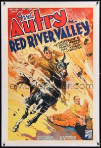 8x171 RED RIVER VALLEY linen 1sh 1936 cool art of Gene Autry on Champion rescuing woman, very rare!